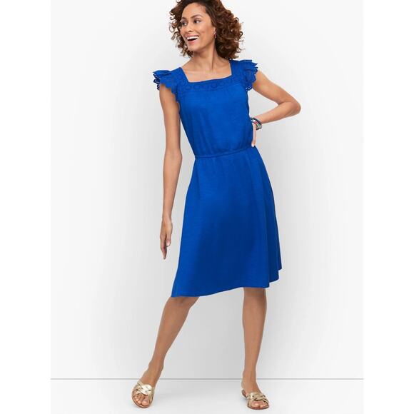 Talbots Dresses & Skirts - Talbots Womens Eyelet Slub Knit Fit & Flare Dress Size Small Blue Flutter Sleeve